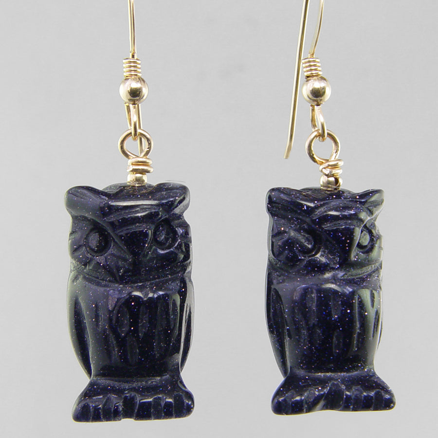 Blue Goldstone Owl Earrings