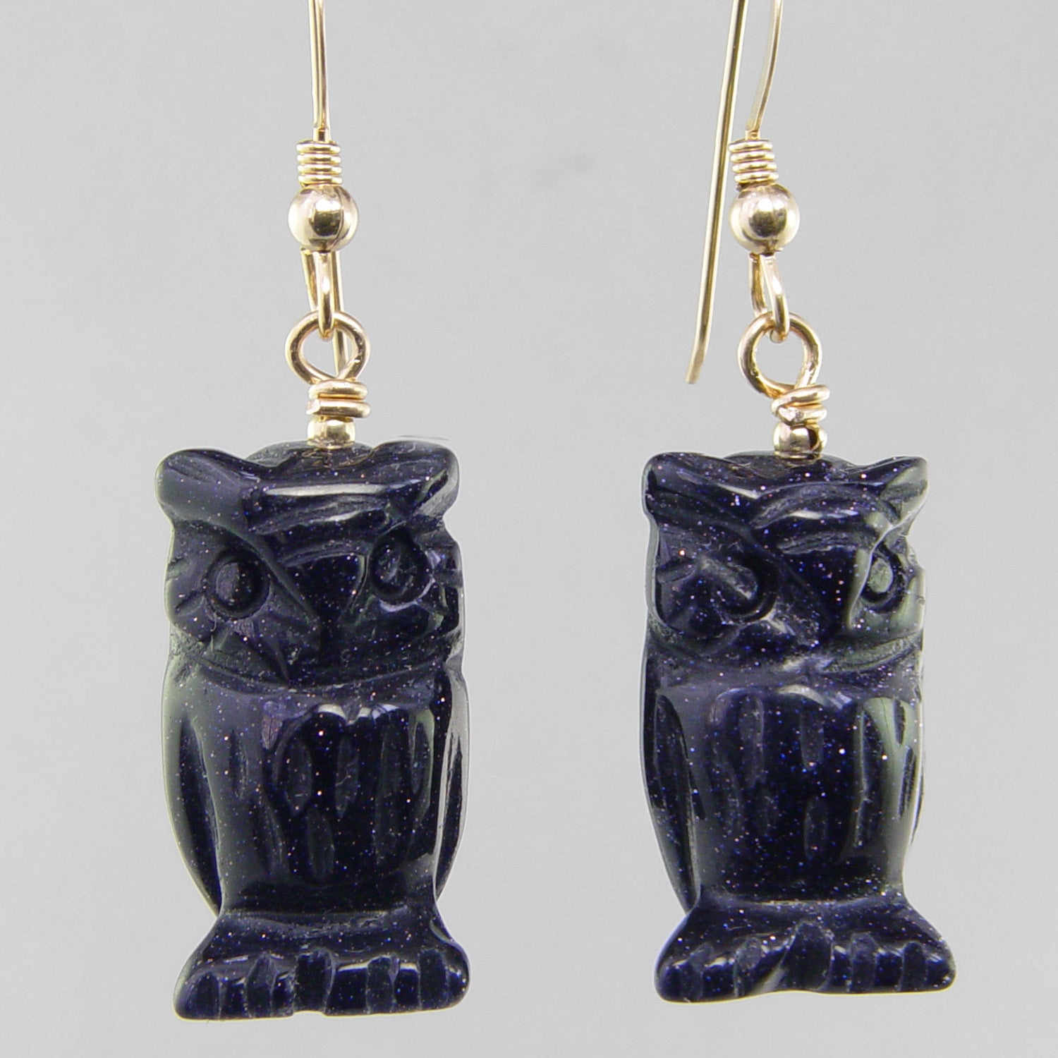 Blue Goldstone Owl Earrings